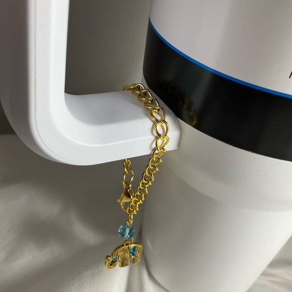Hand Crafted Stanley Cup Charm Elephant Gold Metal Turquoise Crystals Cup Handle - Picture 7 of 11
